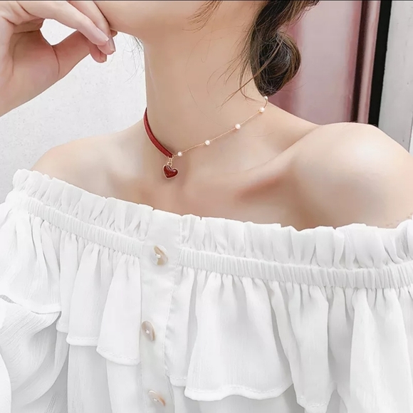 Red Love Pearl Chain Necklace - Picture 2 of 2